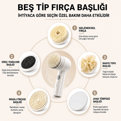 Elektrikli Duş Temizleme Fırçası 5 Başlık 3 Vitesli Dönen Spa Banyo Fırçası